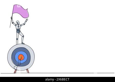 Single one line drawing of robotic artificial intelligence standing on giant arrow target board holding fluttering flag. Train the robot become entrep Stock Vector