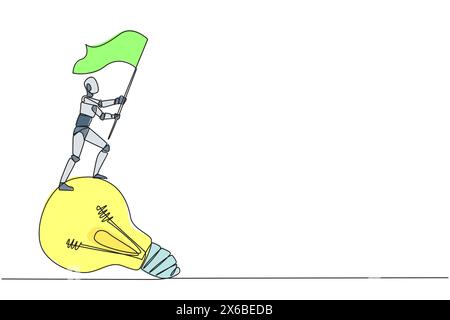 Continuous one line drawing of robotic artificial intelligence standing on giant lightbulb holding fluttering flag. Future technology development conc Stock Vector