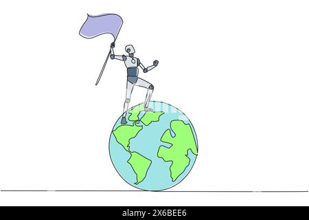 Single continuous line drawing of robotic artificial intelligence standing on giant globe holding flag. Future technology development. Metaphor of con Stock Vector