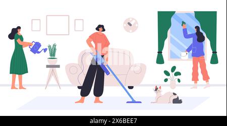 Home cleaning. People do housework. Cleaning service with professional workers. Staff doing cleanup in apartment Stock Vector
