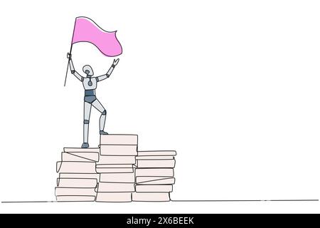 Single one line drawing of robotic artificial intelligence standing on giant piles of paper document holding fluttering flag. Future technology develo Stock Vector