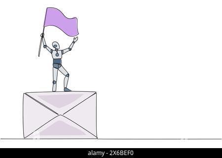 Single one line drawing of robotic artificial intelligence standing on giant email icon holding fluttering flag. Concept robots reply to emails. Chatb Stock Vector