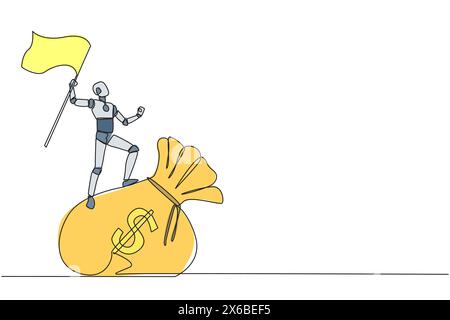 Continuous one line drawing of robotic artificial intelligence standing on giant money bag holding fluttering flag. Future technology robot developmen Stock Vector