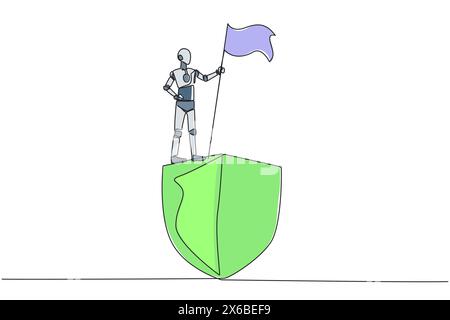 Continuous one line drawing of robotics standing on giant shield holding fluttering flag. Celebration of network security robot intelligence. Future r Stock Vector