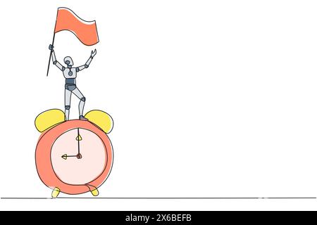 Single continuous line drawing of robotic artificial intelligence standing on giant alarm clock holding fluttering flag. Future technology development Stock Vector