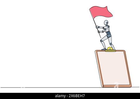 Single one line drawing of robotic artificial intelligence standing on giant clipboard holding fluttering flag. Future technology robot development co Stock Vector