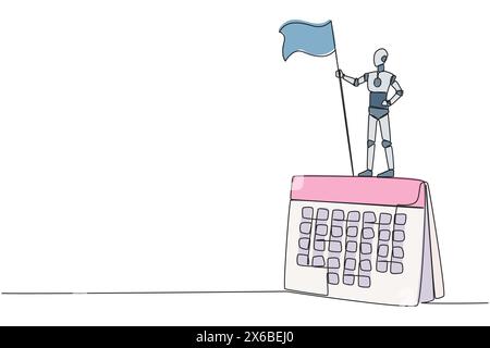 Continuous one line drawing of robotic artificial intelligence standing on giant desk calendar holding fluttering flag. Future technology robot concep Stock Vector