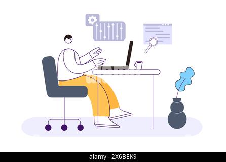 Programmer, software developer. Man sitting at desk with laptop and coding. Employee at work or freelancer Stock Vector