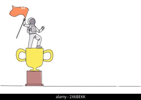 Continuous one line drawing energetic astronaut standing on giant trophy holding fluttering flag. Reward for successfully landing back on earth. Cosmo Stock Vector