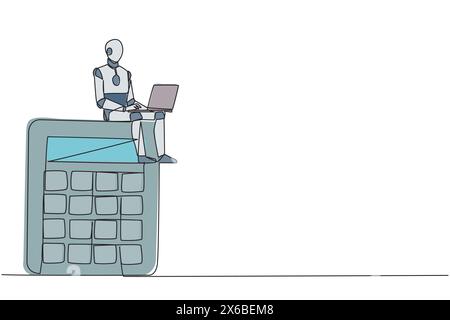 Continuous one line drawing of robotic artificial intelligence sitting on giant calculator typing on laptop. Modern robot analyzes financial. Electron Stock Vector