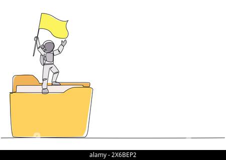 Single continuous line drawing young energetic astronaut standing on giant folder icon holding fluttering flag. Archiving expedition files to be used Stock Vector