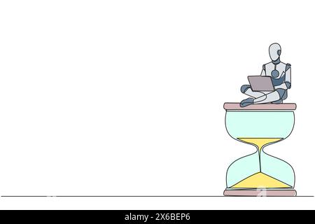 Continuous one line drawing robotic artificial intelligence sitting on giant hourglass typing laptop. Electronic technology industry. Future modern ro Stock Vector