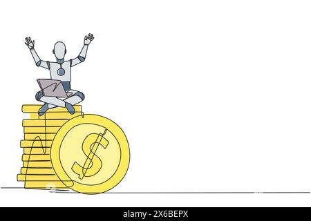 Single continuous line drawing robotic artificial intelligence sitting on stack of giant coins sign dollar holding laptop raise both hands. Robot coll Stock Vector