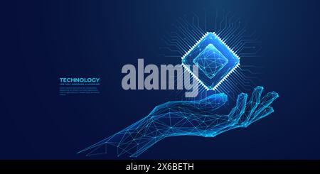 Abstract digital semiconductor hologram in technology hand.  Stock Vector
