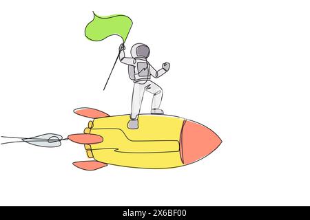Single one line drawing young energetic astronaut standing on flying rocket through the sky holding fluttering flag. Space travel to the moon. Cosmona Stock Vector