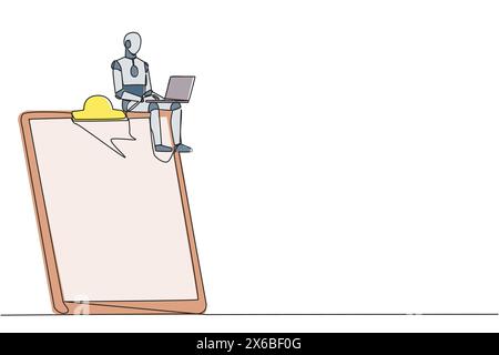 Single continuous line drawing robotic artificial intelligence sitting on giant clipboard typing laptop. Modern robot double-check work. Technology fu Stock Vector