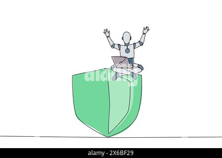 Continuous one line drawing robotic artificial intelligence sitting on giant shield holding laptop raise both hands. Firewall robots. Prevent virus at Stock Vector