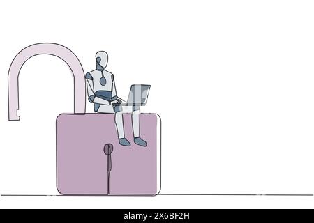 Single continuous line drawing robotic artificial intelligence sitting on big open padlock typing laptop. Hacker robots hack multiple accounts for abu Stock Vector