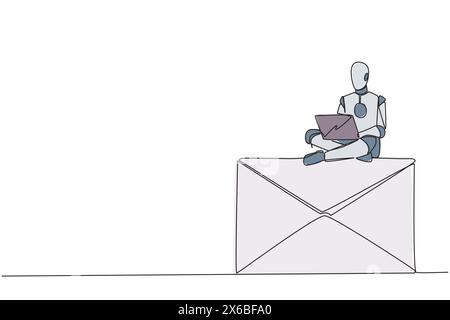 Single continuous line drawing robotic artificial intelligence sitting on giant email icon typing laptop. Email message replying robots. Future tehnol Stock Vector