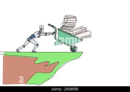 Single continuous line drawing robot pushes a wheelbarrow filled with piles of paper and binders down from the edge of the cliff. Robotic artificial i Stock Vector