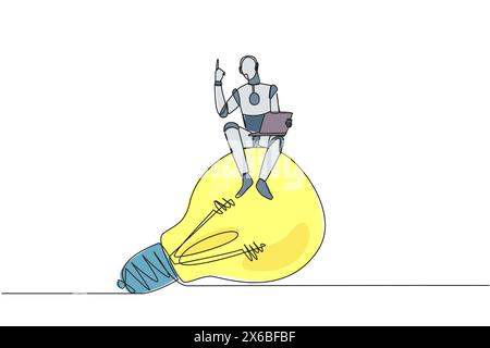 Single one line drawing robotic artificial intelligence sitting on giant lightbulb holding laptop raise one hand. Future technology development concep Stock Vector