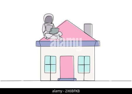 Continuous one line drawing young astronaut sitting on miniature house typing laptop. Astronauts on the surface of moon transferring mortgage payments Stock Vector