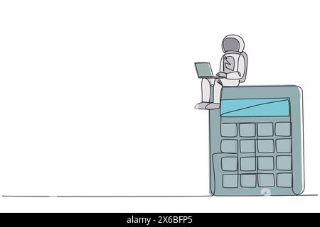 Single one line drawing young energetic astronaut sitting on giant calculator typing laptop. Accountant astronaut doing accounting on the surface of m Stock Vector