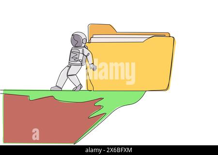 Single continuous line drawing astronaut push giant folder icon down with back from the edge of cliff. Destroy the material in the archive. Cosmonaut Stock Vector
