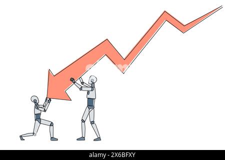 Continuous one line drawing two robots holding large arrow charts swooping down. One of the robots holding the end. Team work so the arrow can go back Stock Vector