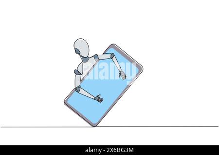 Continuous one line drawing robotic hugging handphone. Added a robotic system so that handphone cannot be tracked. Future technology development. AI t Stock Vector