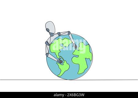 Continuous one line drawing robot hugging globe. Robots rule the world. Everything is technology. Artificial intelligence. Future technology developme Stock Vector