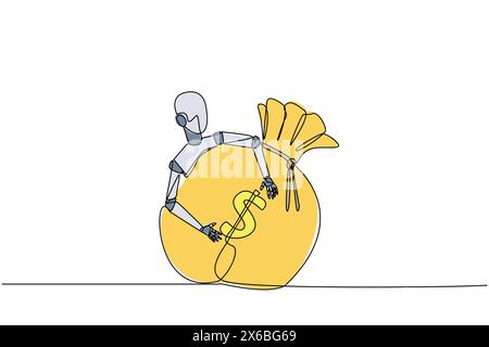 Single one line drawing robot hugging money bag. The smarter the robot, the more money it gets. Future technology artificial intelligence development. Stock Vector