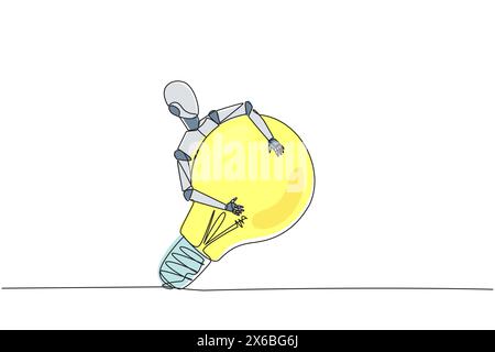 Single continuous line drawing robot hugging lightbulb. Has the idea to make robot that has human-like characteristics. Machine learning process. Futu Stock Vector
