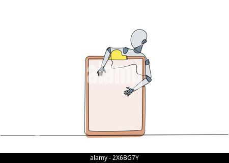 Continuous one line drawing robotic hugging clipboard. Provide assistance to double check work. Artificial intelligence technology development. Electr Stock Vector