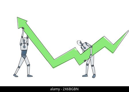 Single continuous line drawing two robots holding a large arrow chart. With their teamwork they hope that the graph will always be in rising condition Stock Vector