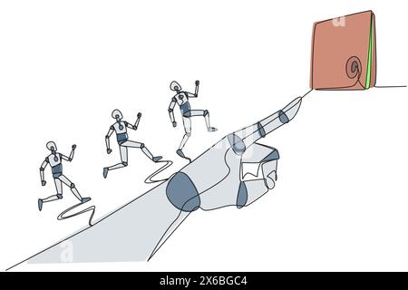 Single one line drawing 3 robots running on giant robot hand whose finger is pointing at round target board. Focused teamwork towards up arrow. Future Stock Vector