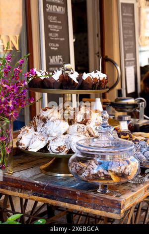 Cakes and pastries outside Cafe Kringlan on Haga Nygata, Haga, Gothenburg, Sweden Stock Photo