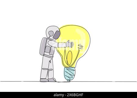 Single one line drawing young energetic astronaut hugging big lightbulb. Metaphors cherish brilliant ideas. Genius astronaut. Cosmic galaxy deep space Stock Vector