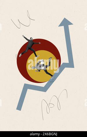 Vertical composite collage picture image of two mini guys arrow upwards isolated on creative background Stock Photo