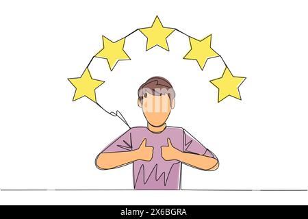 Continuous one line drawing man giving two thumbs up, above head there are 5 stars forming semicircle. Exciting online shopping experience. Review 5 s Stock Vector