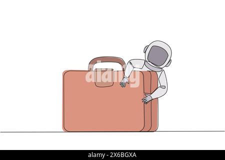 Single one line drawing astronaut hugging briefcase. Preparations on earth to conduct research in outer space. Cosmic galaxy space. Cosmonaut deep spa Stock Vector