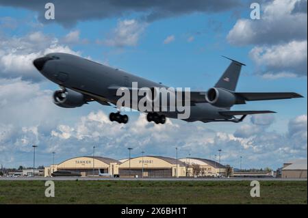 A KC-135 Stratotanker takes off from the runway during exercise Royal Flush at Fairchild Air Force Base, Washington, May 1, 2024. Stock Photo