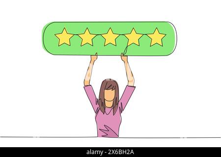 Single one line drawing young happy woman holding rating board which contains 5 stars. Star rating. Positive review. Online shopping with give 5 ratin Stock Vector