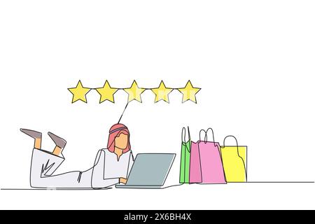 Continuous one line drawing young Arabian man on stomach while typing on laptop. Next to the laptop is a shopping bag. Give the best review with pleas Stock Vector