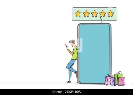 Continuous one line drawing young happy smiling man leaning on giant smartphone while typing on smartphone. Concept of online shop. Review five gold s Stock Vector