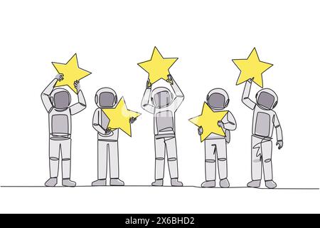 Single continuous line drawing group of five astronauts raised their respective stars. Give positive feedback and the best review. 5 star. Online shop Stock Vector