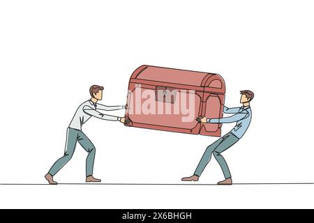 Single one line drawing two egoistic businessman fighting over the treasure chest. Feel most entitled to the discovery of treasure. Rivalry and compet Stock Vector