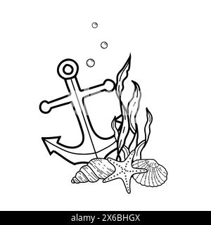 Underwater Composition of Seaweeds, Starfish, Seashells and nautical Anchor. Vector Marine illustration. Hand drawn Graphic sketch. For menu, marine Stock Vector