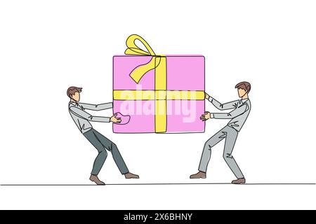 Single one line drawing two professional businessman fighting over the big gift box. Entrepreneurs against environmental pollution fight for the main Stock Vector