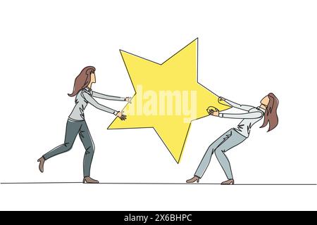 Continuous one line drawing two angry businesswoman fighting over the star. The concept of fighting for brilliant employees for the progress of the co Stock Vector
